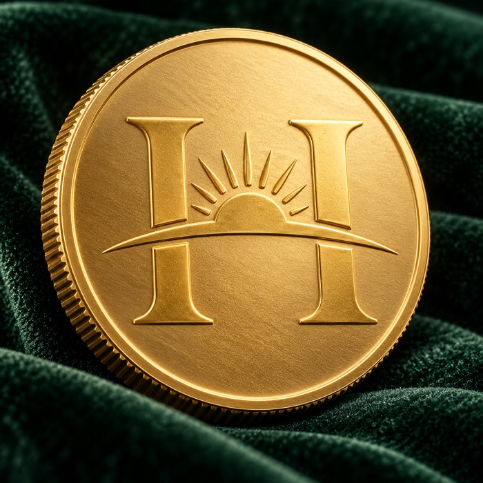 Close-up of a gold coin with the SMG Horizon emblem