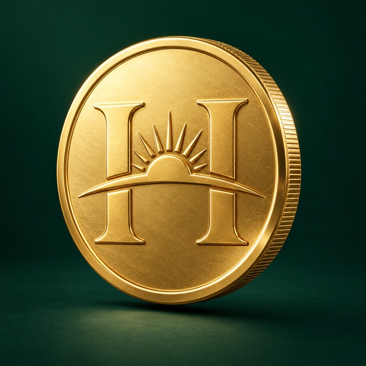 Three-dimensional gold coin with the raised SMG Horizon sunrise emblem and a polished reeded edge